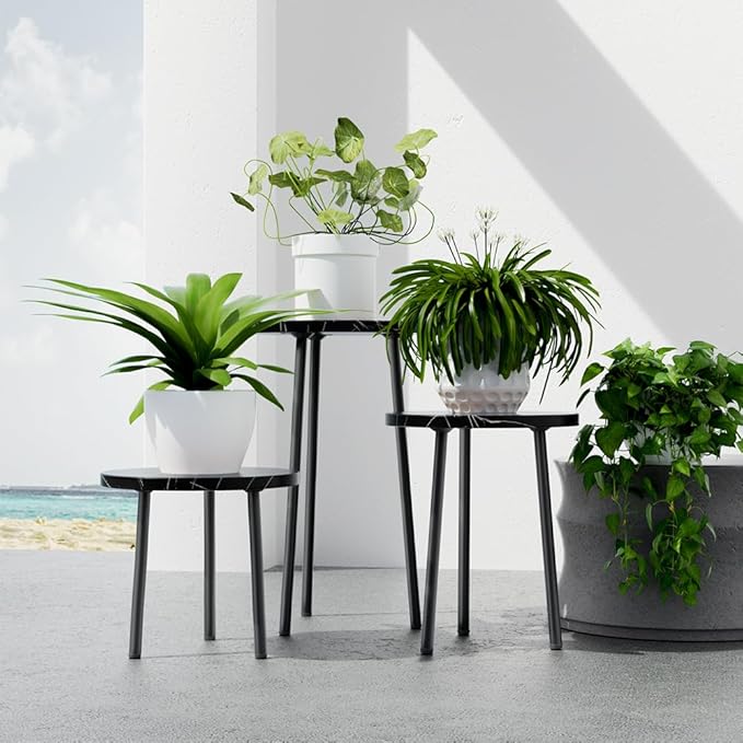 Plant Stand Indoor Tall: Corner Wood Plant Stand 2 Pack Mid Century Modern Decor - Small Round Plant Table for Indoor Plants - Outdoor Plant Holder for Patio Living Room Bathroom Office (Black Marble)