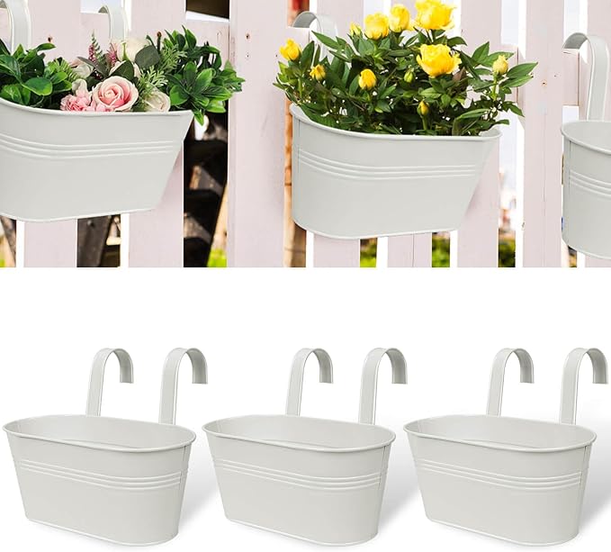 vensovo Metal Railing Planter for Outdoor Plants - 3 Pack Balcony Hanging Flower Pots with Detachable Hooks and Drain Holes Oval Bucket Rail Box Fence Planters for Home Garden Decor, White