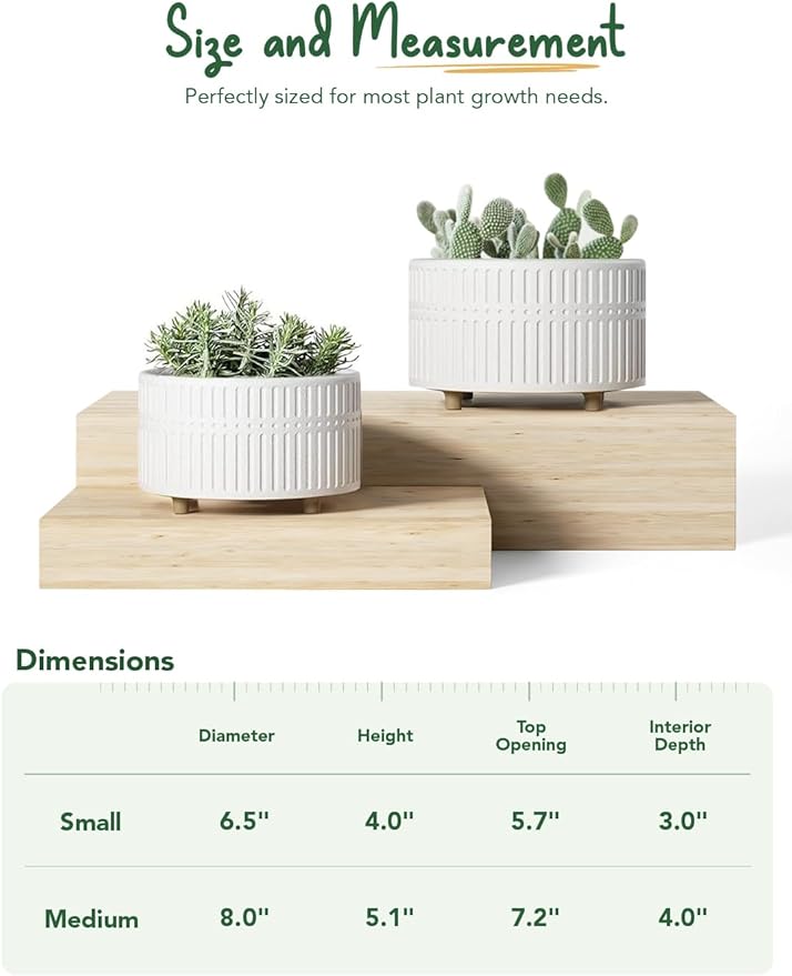LE TAUCI Succulent Pots, 6.5+8 Inch Ceramic Indoor Plant Pot with Drainage Hole, Modern Round Decorative Flower Pot, Set of 2, Matte White