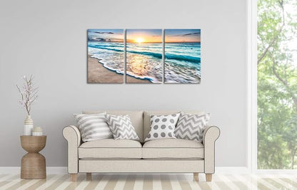 Wieco Art 3 Panels Blue Beach Sunrise White Wave Pictures on Canvas Wall Art - Image 5