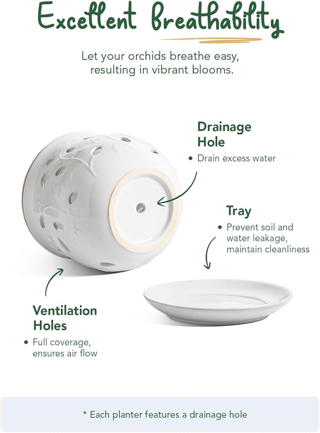 LE TAUCI Ceramic Orchid Pot, 6.5 Inch Orchid Pots with Holes, Orchid Planter for Repotting, Indoor Flower Plant Pot with Drainage and Saucer, White