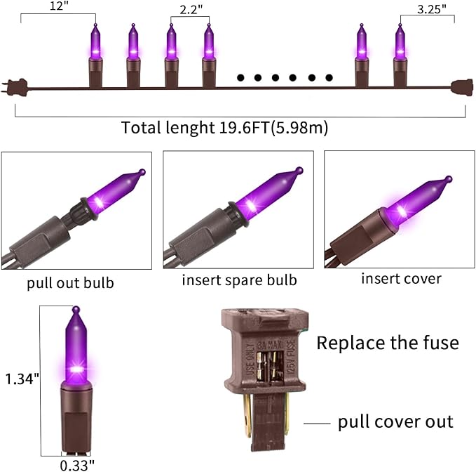 Ultra-Bright Connects End to End Purple Christmas Mini Lights 100L 19.6Ft UL Listed Incandescent Bulb String Light Set for Indoor and Outdoor Halloween Home Garden Party Holiday Tree Decor