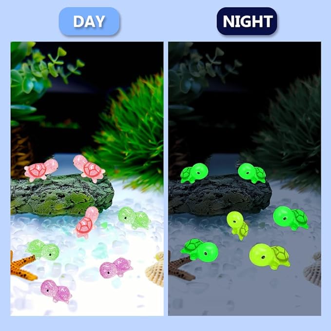 120PCS Glitter Mini Resin Turtles Sea Turtles Figurines Glow in The Dark, Cute Tiny Turtles Bulk for Cake Toppers Ocean Animal Theme Party Decor Garden Micro Landscape DIY (6 Colors)
