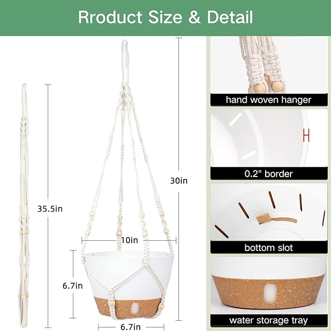 QCQHDU 2 Pack Hanging Planters for Indoor Plants, Outdoor Hanging Baskets, Self Watering Pots with Drainage Holes & Removable Tray (Dark Grey, 10 inch, Macrame Hanger)