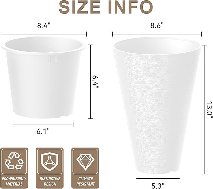 Kante Tall Round Planter Set of 2, 13 Inch Tall Decorative Planter Pots for Outdoor Indoor Garden Patio Front Porch (White)