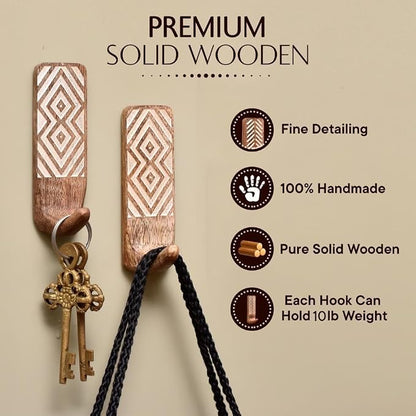 IndianShelf 10 LB- 6 Pieces Decorative Wood Adhesive Wall Hooks–Boho Peel and - Image 4