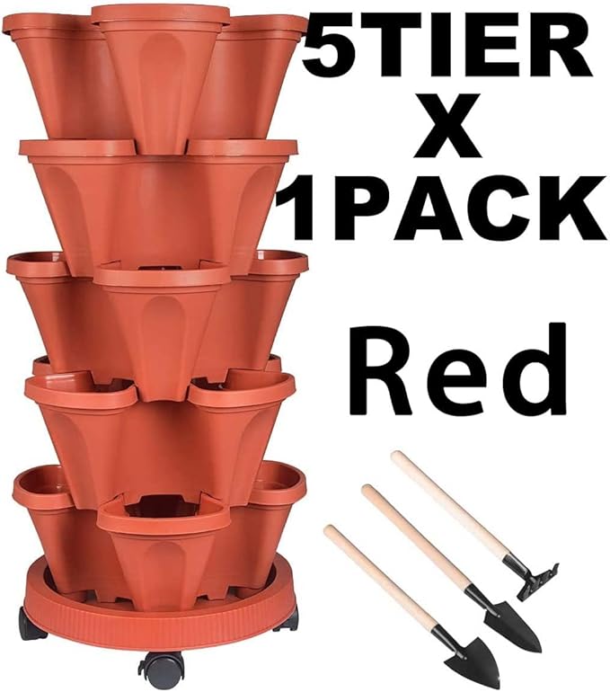 Vertical Planter 5 Tier Stackable Planters Garden Planters Strawberry Herb Flower and Vegetable Planter Indoor Outdoor Gardening Pots with Removable Wheels and Tools