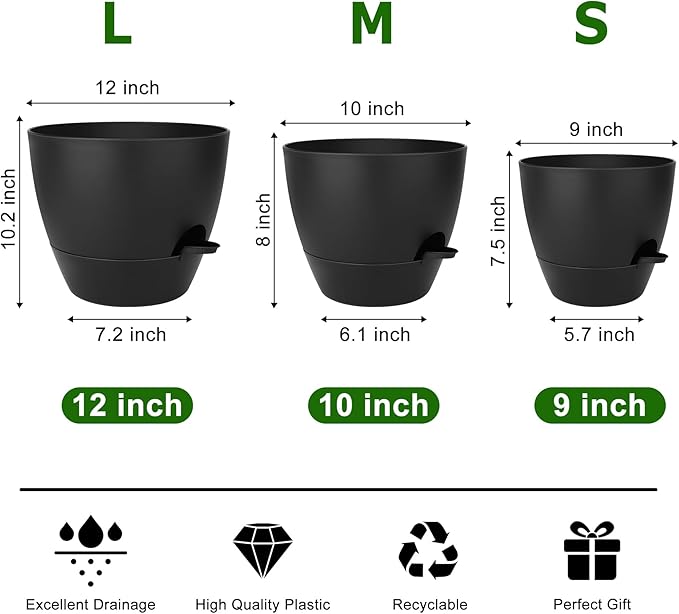 Plant Pots 12/10/9 Inch Self Watering Pots, Set of 3 Plastic Planters with Drainage Holes and Saucers,Plastic Flower Pots,Nursery Planting Pot for Indoor Out Door Plants(Pure Black)