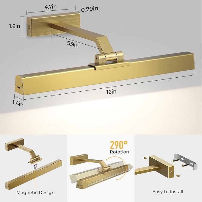 Afyuol Picture Lights for Wall, Brushed Gold Battery Operated Picture Light - Image 3