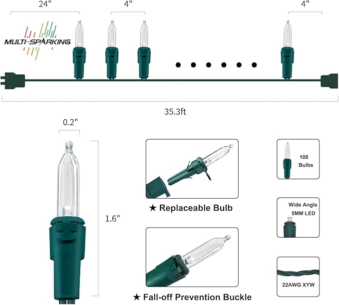 MULTI-SPARKING White Christmas LED Lights - 100 Count Warm White Holiday String Lights for Tree, Party, Wedding, Indoor and Outdoor Use, 33 Feet Green Wire, UL Certified, Connectable