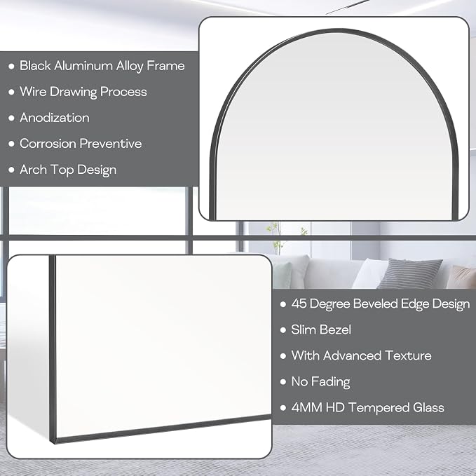 Large Black Arched Mirror, Arched Top Bathroom Vanity Mirror - Image 4