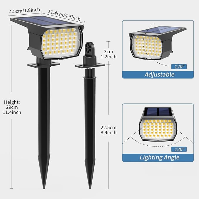Solar Spot Lights Outdoor Waterproof IP65, 2 Pack Landscape Spotlights with 46 LEDs, 3 Modes Auto On/Off Solar Powered Flood Lights for Outside Pathway, Yard, Garden, Walkway (Warm White)