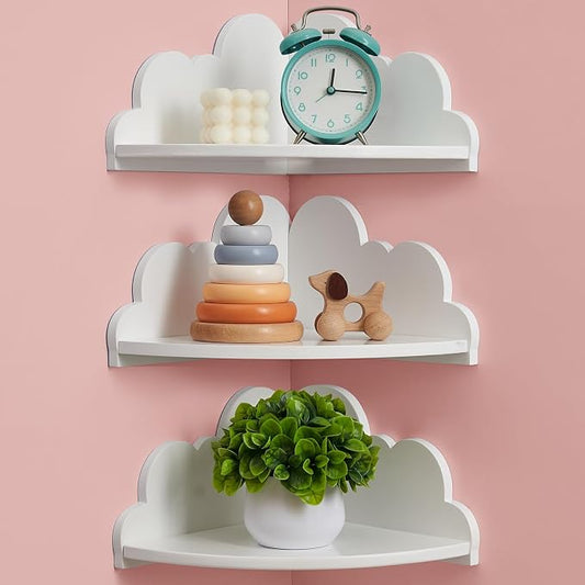 Cloud Corner Floating Shelves，Set of 3 White Corner Wall Shelf Floating Wooden by Coamily
