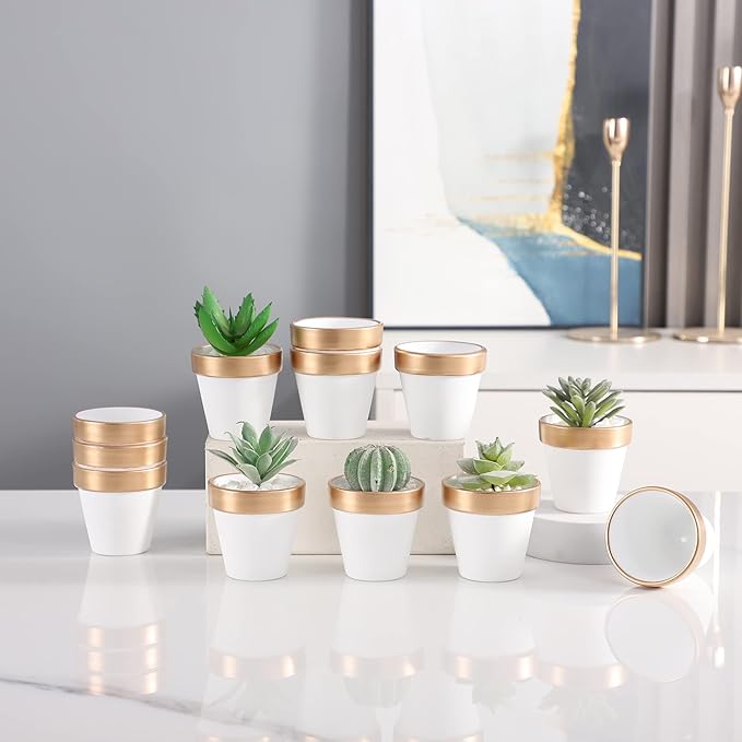 Yishang 72 pcs Small Mini White&Gold Clay Pots, 2.5'' Terracotta Pot Clay Ceramic Pottery Planter,Cactus Flower Terra Cotta Pots,Succulents Nursery Pots,with Drainage Hole,for Crafts,Wedding Favor