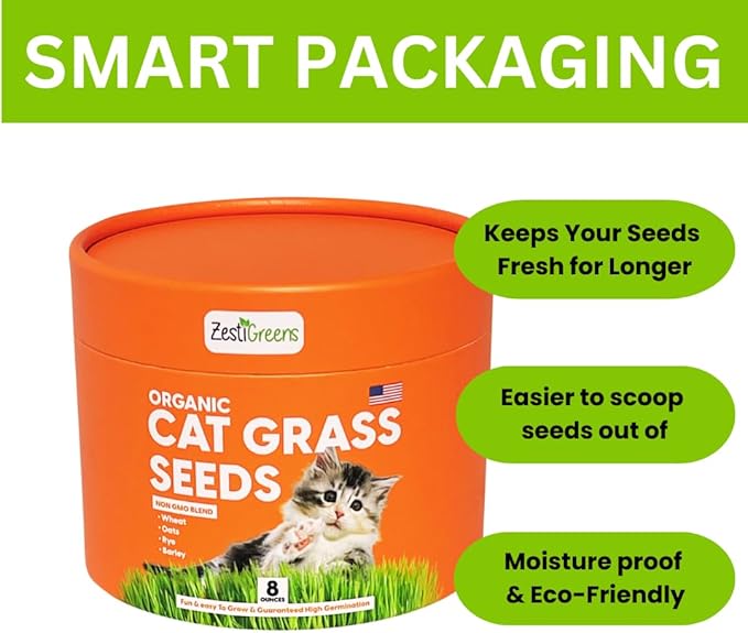 ZESTIGREENS Organic Cat Grass Seeds - Non-GMO Blend of Wheat, Oats, Rye & Barley for Indoor Cats | Seeds Come in Food Grade Container with Lid for Easier Scooping & Keeping Fresher (0.5 lb)