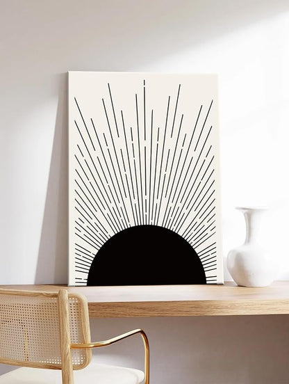 Hwetui Framed Boho Sun Wall Art Set of 2 Black and White Minimalist Sunrise - Image 5