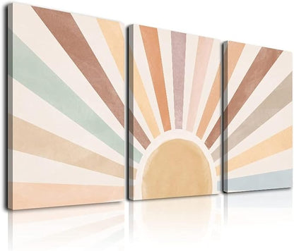 Boho Sun Wall Art Set of 3, Framed Canvas Wall Art Rainbow Sun Rising on the by KBKBART