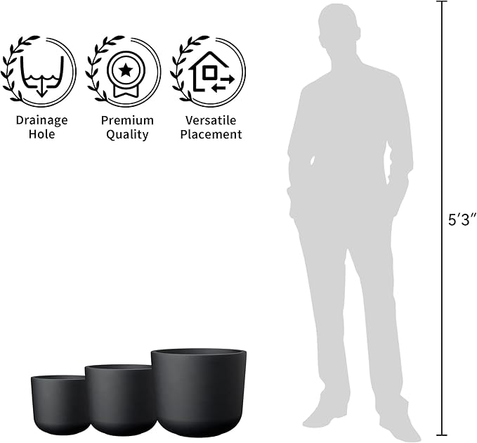 Kante Round Concrete Planter, 13.2 Inch Dia Classic Style Large Plant Pot with Drainage Hole for Indoor & Outdoor Plants, Ideal for Home, Patio, Garden, Black