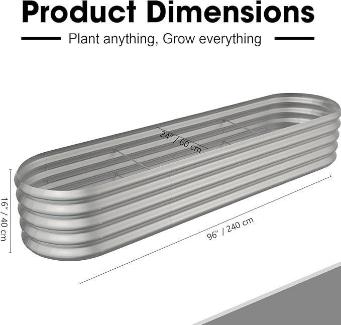 8x2ft Oval Galvanized Raised Garden Bed Kits 16" Tall Outdoor Large Metal Modular Planter Box 9-in-1 Raised Beds for Gardening,Vegetables,Fruits,Flowers & Herbs (Silver)