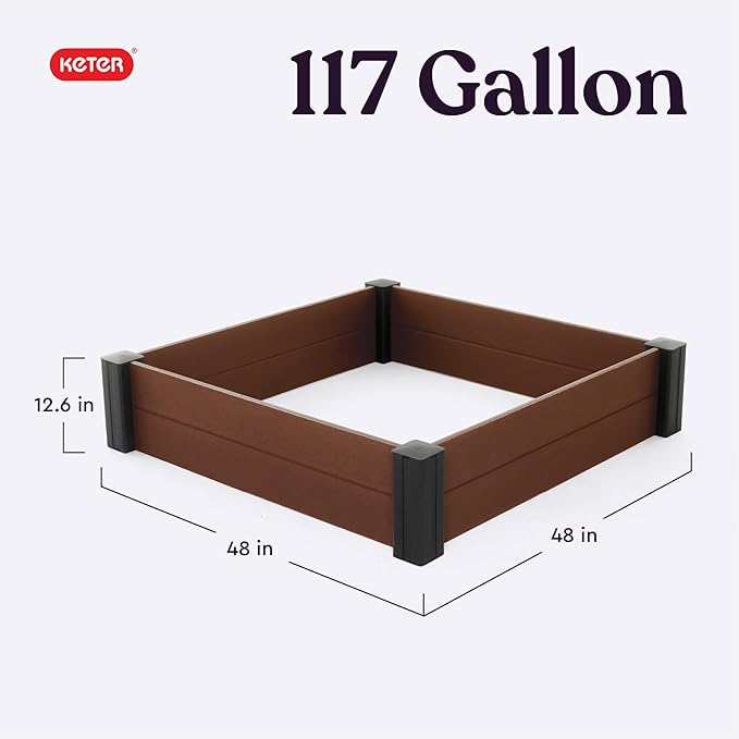Keter 48" X 48" inches Wood Look Raised Garden Bed, Durable Outdoor Herb Garden Planter for Vegetables, Flowers, and Succulents, Brown