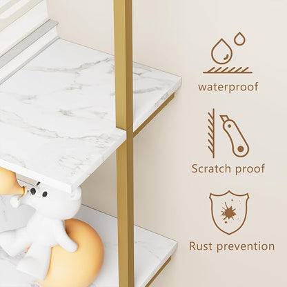 aboxoo Ladder Shelf 2PCS White Marble Bookshelf 5-Tier Wall-Mounted Wood Rack - Image 9