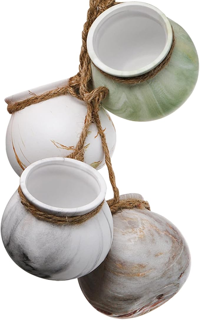 SOUJOY 6 Pack Hanging Succulent Planters, 4'' Mini Ceramic Wall or Ceiling Mount Dangling Plant Pot, Hanging Flower Pot with Jute Rope for Indoor Outdoor Decor, Light Beige