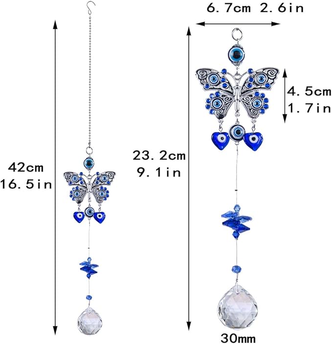 Turkish Blue Evil Eye Butterfly Wall Hanging with Crystal Suncatcher Ornament for Home Decor Protection Good Luck Blessing Housewarming Birthday Gift