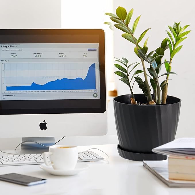 7 Inch Plant Pots Bulk, 6 Pack Plastic Planters with Drainage Holes and Saucers for Indoor Outdoor House Plants and Flowers, Black