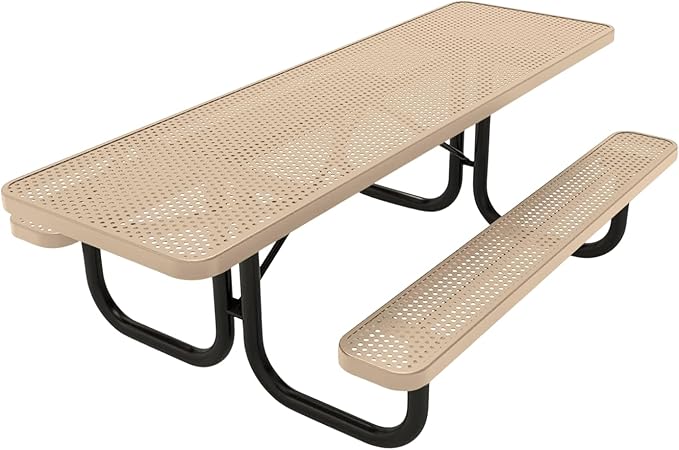 Coated Outdoor Furniture Heavy-Duty Portable ADA-Compliant Outdoor Picnic Table, Punched Steel Patio Dining Furniture Made in America (8ft Rectangular, Both-Side Handicap, Tan)