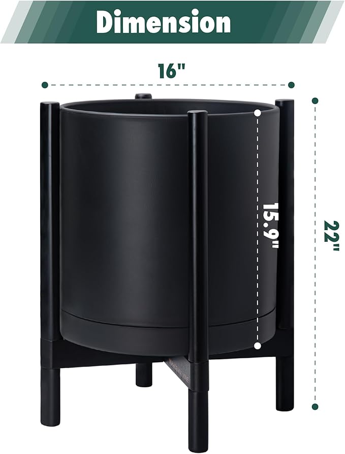 D'vine Dev Planter Pot with Stand - 16 Inch Plastic Cylinder Flower Pot with Wood Planter Holder for Indoor, Matte Black Pot + Ebony Stand, 55-C-Z-2