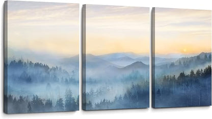 Wall Decor for Bedroom 3 Panel Sunrise Misty Forest Print Picture Paintings by YJYart
