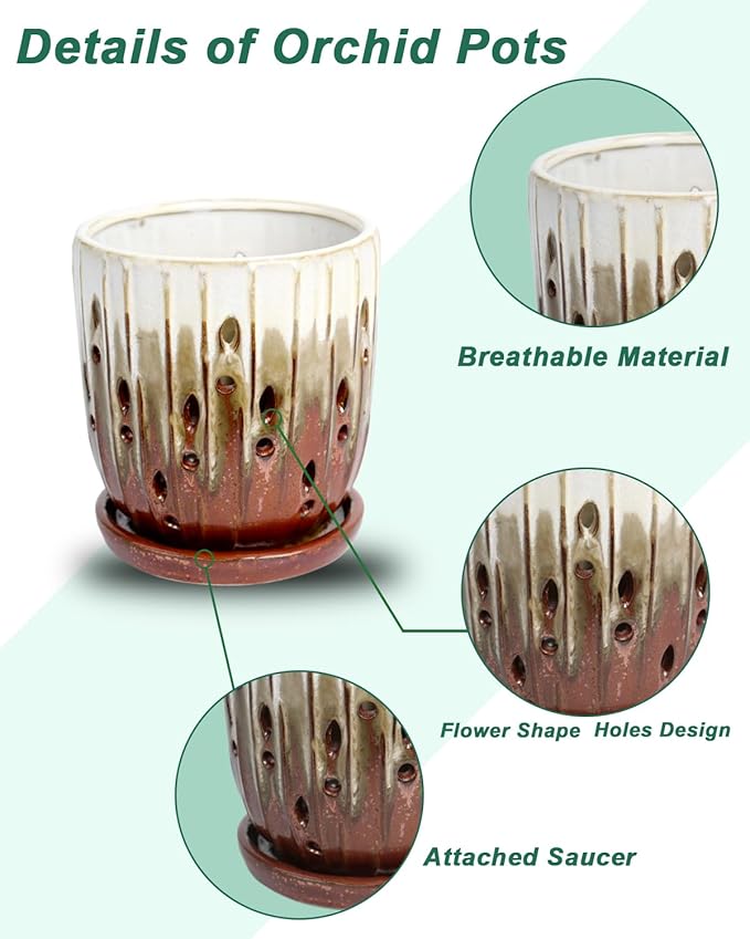 vensovo 6 Inch Ceramic Orchid Pot - Orchid Pot with Holes for Repotting, Ceramic Planter with Saucer for Indoor/Outdoor Plants, Brown