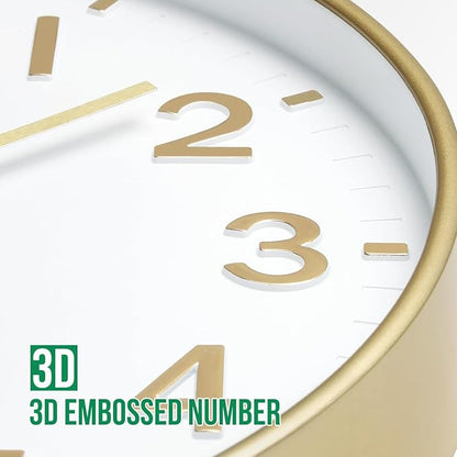 Wall Clock 12 Inch White-Gold Modern Simple Quartz Decorative Clock Non-Ticking - Image 6