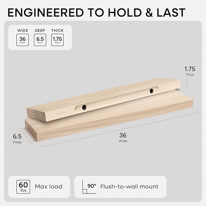 Homeforia 36 inch Wood Floating Shelves, High End Solid Natural Wood 36inch - Image 2