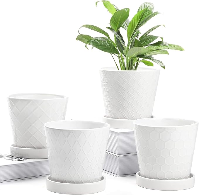 Plant Pots Indoor –5 inch Ceramic Flower Pot with Drainage Hole and Ceramic Tray - Gardening Home Desktop Office Windowsill Decoration Gift, Set of 4 - Plants NOT Included (White)