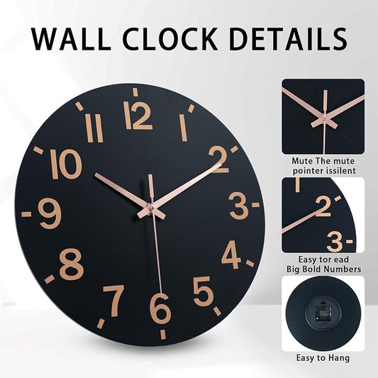 HZDHCLH Wall Clock 8 Inch Silent Non Ticking Wood Battery Operated Black Wooden - Image 2