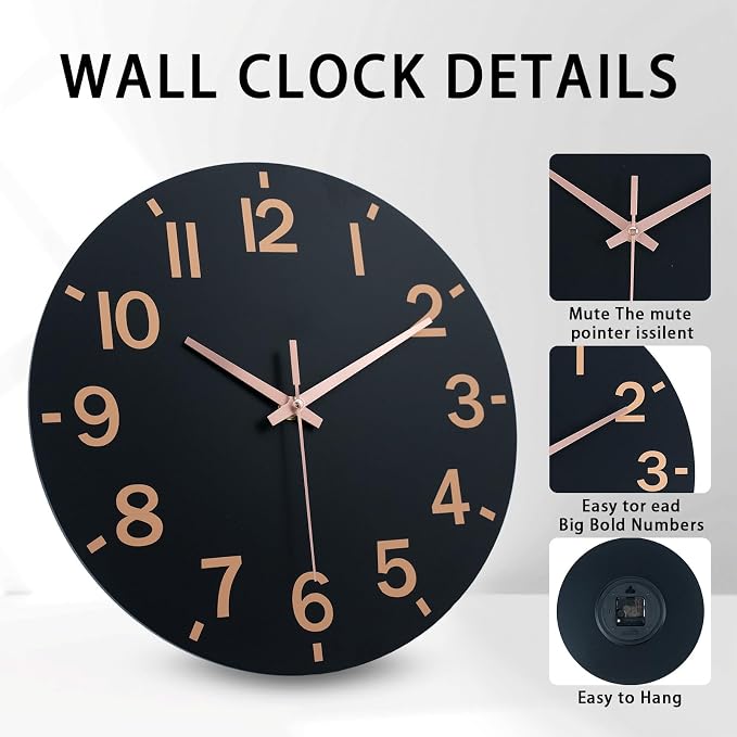 HZDHCLH Wall Clock 8 Inch Silent Non Ticking Wood Battery Operated Black Wooden - Image 2