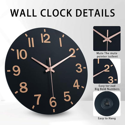 HZDHCLH Wall Clock 8 Inch Silent Non Ticking Wood Battery Operated Black Wooden - Image 2