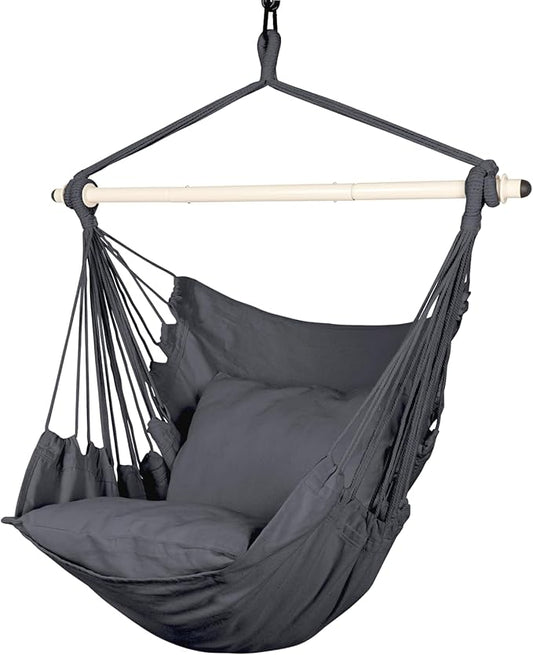 Highwild Hammock Chair Hanging Rope Swing - Max 500 Lbs - 2 Cushions Included - Steel Spreader Bar with Anti-Slip Rings - for Any Indoor or Outdoor Spaces (Grey)