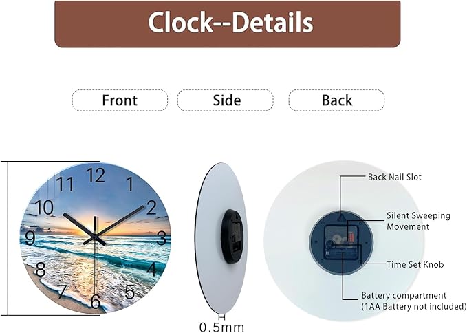 Blue Coastal Wall Clocks Battery Operated 16 Inch Glass Wall Clock Silent Beach - Image 8