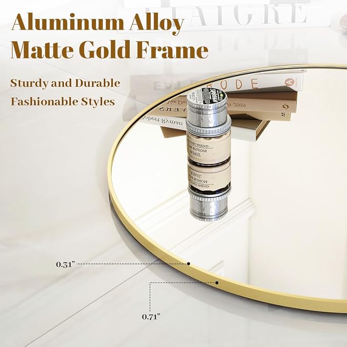VooBang Gold Round Bathroom Mirror, 24 inch Circle Wall Mounted Hanging Mirror - Image 2