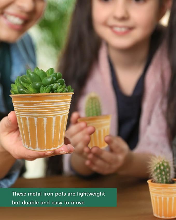 vensovo 5 Inches Orange Metal Rustic Flower Pots - 6 Pcs Small Galvanized Planters with Drainage Hole and Rubber Plug, Rustproof Tin Bucket Plant Pot Farmhouse Vintage Style for Decor