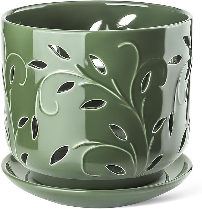 EFISPSS Orchid Pots with Holes, 7 Inch Orchid Pots with Drainage Holes and Tray, Indoor or Outdoor Large Pot for Orchid Care,Durable for Repotting or New Plants - Green