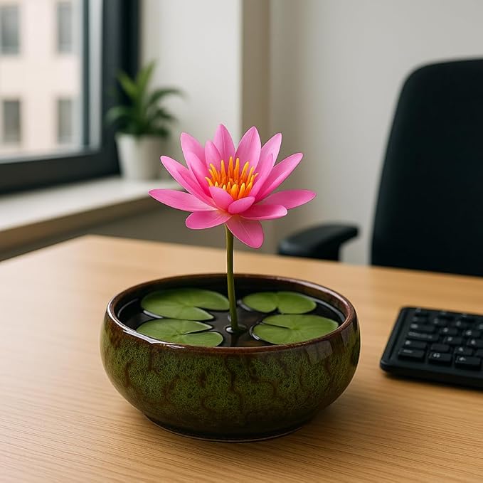 Lotus Bowl Planter, Lotus Bowls for Planting in Water Indoors,6.5-inch Round Succulent Flower Pot with Rotating Bracket, Leak-Proof Design, Suitable for hydroponic Plants, Succulents (Green)