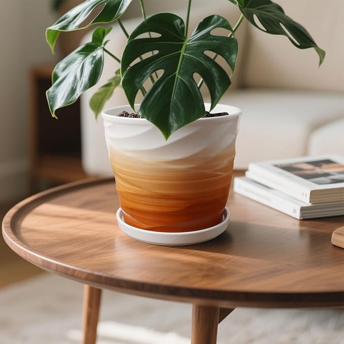 8 Inch Plant Pot, Ceramic Planter with Drainage and Saucer, Ceramic Pots for Plants, Indoor Plant pots, Flower pots，Modern Planter(Khaki + White)