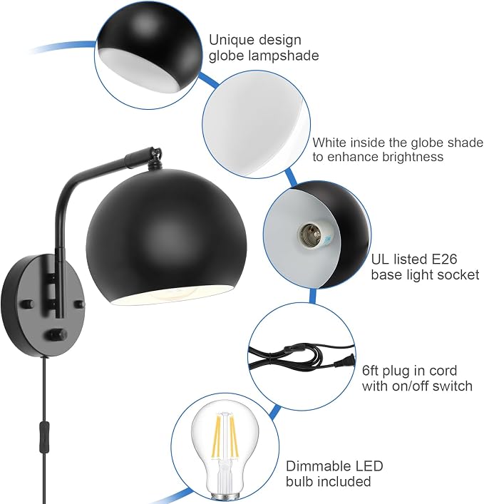 VATONI Dimmable Wall Sconces Set of 2, Plug in Wall Sconces Swing Arm Wall - Image 3