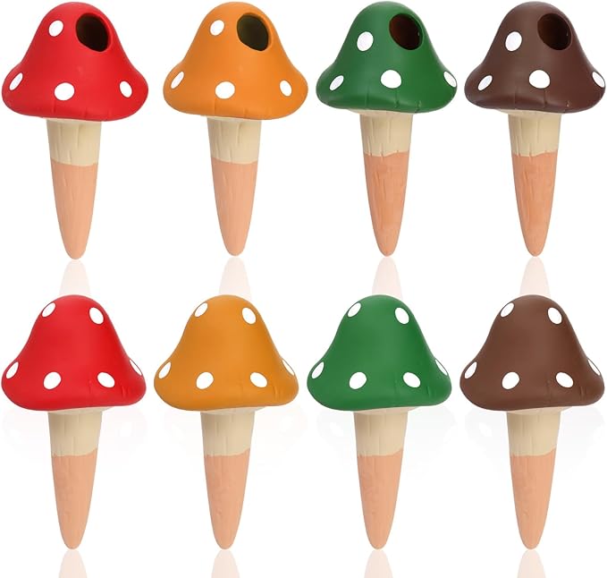 Peohud 8 Pack Self Watering Spikes Mushroom Shaped, Terracotta Plant Watering Globes, Cute Watering Device, Automatic Irrigation Spikes for Indoor Outdoor Potted Plants