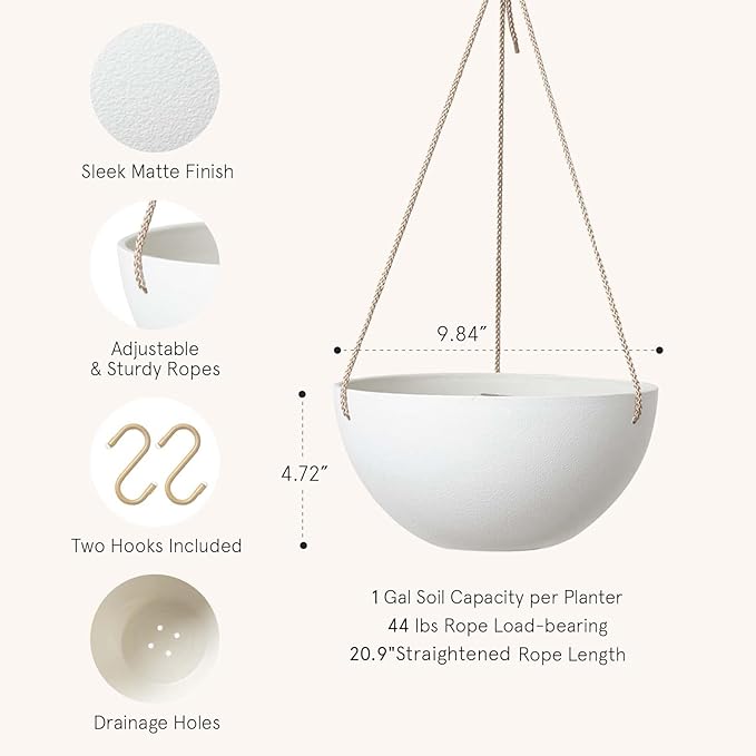 LA Jolie Muse Hanging Planter - 9.84 Inch Hanging Planters for Indoor Plants, Hanging Pots for Plants Indoor Outdoor, Set of 2, White