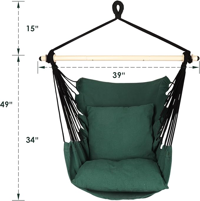 Highwild Hammock Chair Hanging Rope Swing - Max 500 Lbs - 2 Cushions Included - Steel Spreader Bar with Anti-Slip Rings - for Any Indoor or Outdoor Spaces (Green)