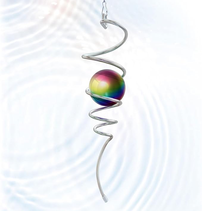 Gazing Ball Spiral Tail, Wind Spinner Stabilizer with Multi Color Sphere & Swivel Hook, Sun Catcher 11" Tail and 2" Stainless Steel Orb, Indoor Outdoor Garden Decor, Creative Gifts 13 inch